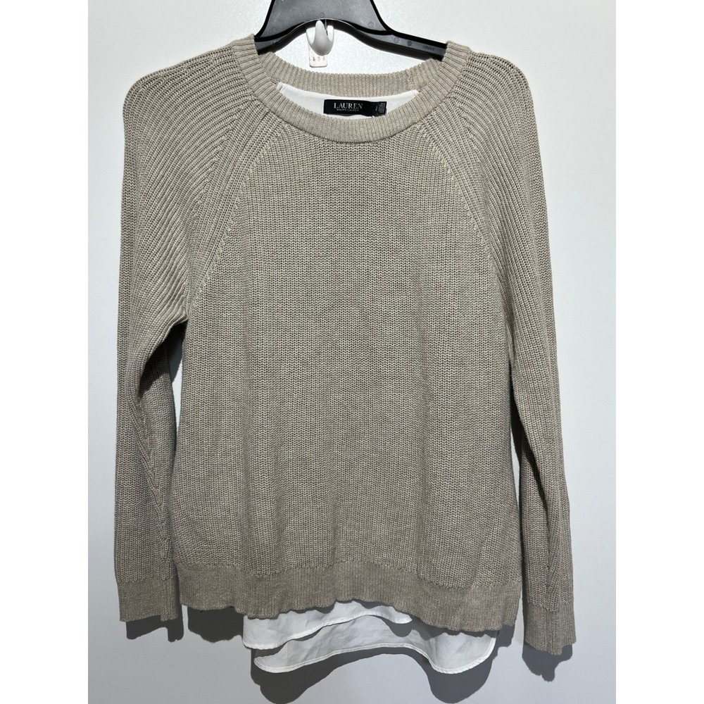 Lauren Ralph Lauren Womens Layered Mixed Media Knit Sweater Taupe Tan‎ Large